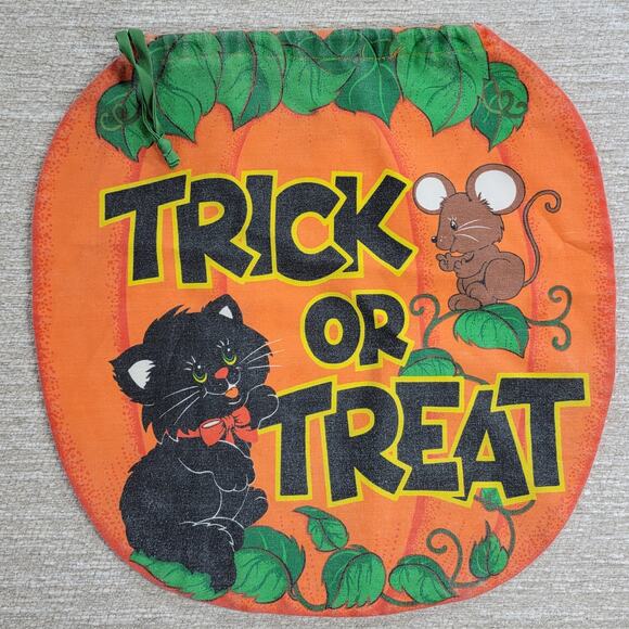 VTG Handmade Trick or Treat Bag Drawstring 15" Orange Black Cat Halloween Candy - Picture 4 of 14